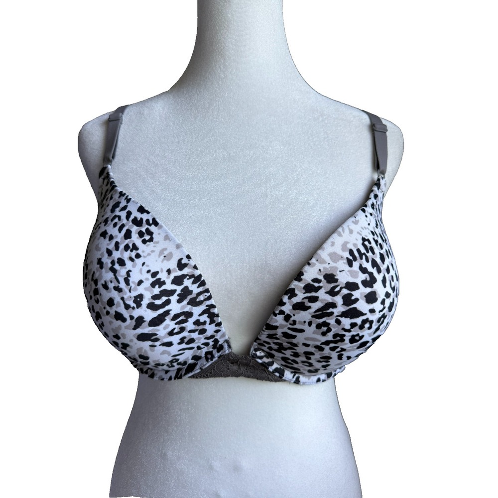 Maidenform Sz 38D Gray Black Animal Print Lace Underwire Padded Demi T-Shirt Bra